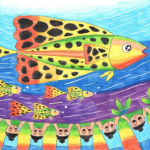 ROW Art Winner 2022- colorful fish being watched as they swim in a river
